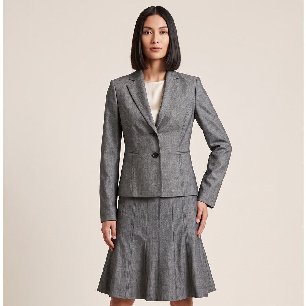 LOFT Gray Herringbone Skirt Suit Set 2-Piece Blazer Flare Skirt Size 2